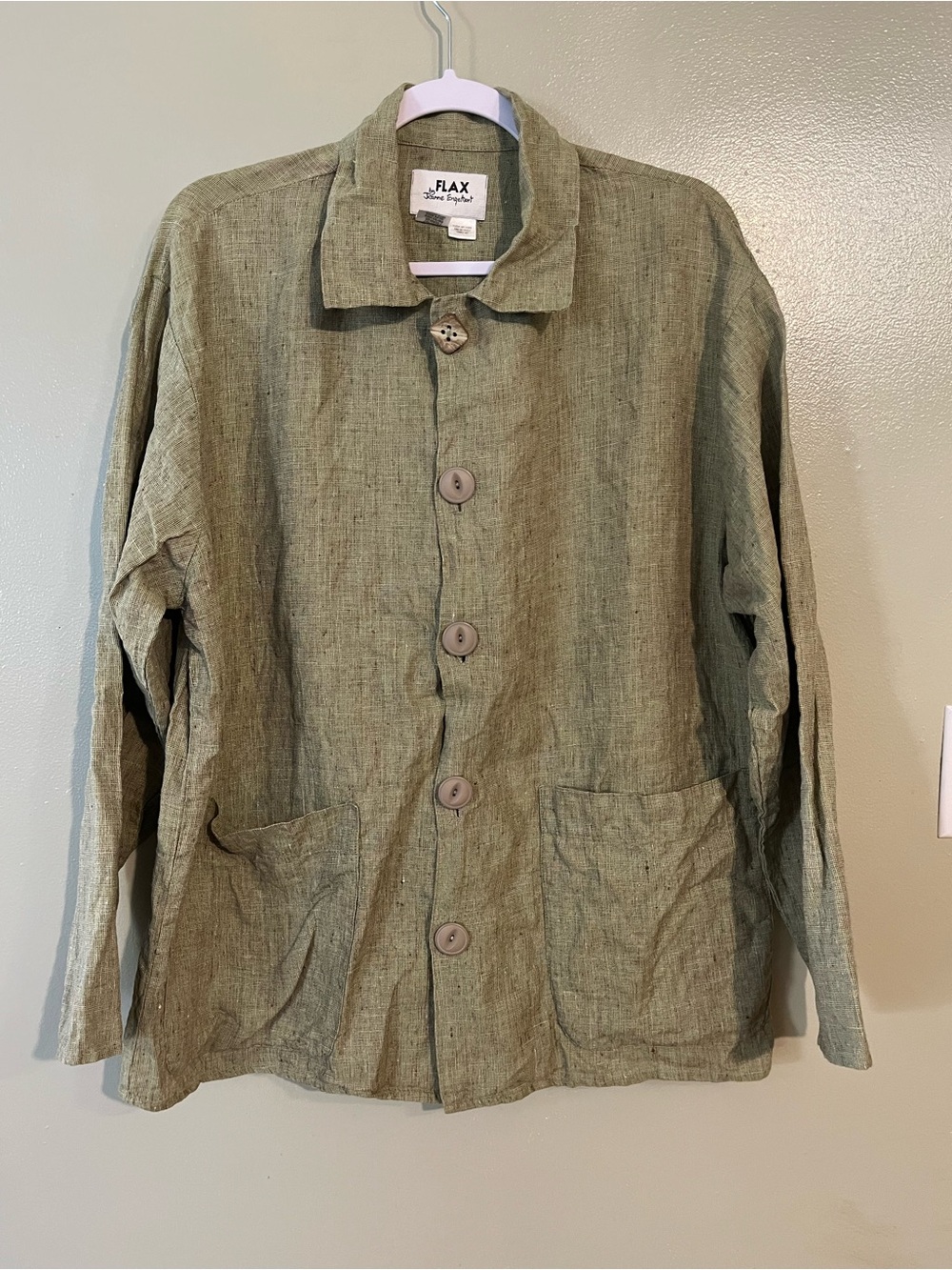 FLAX Olive Green Linen Button-Front Jacket VTG Lagenlook L